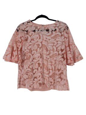 NY Collection Women Floral Burnout Blouse PM Petite Medium Peach Bell Sleeve